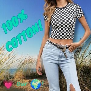 90s Y2k OG Streetwear Crop Babydoll Ringer Tee Checkered Black & White Top Sz S